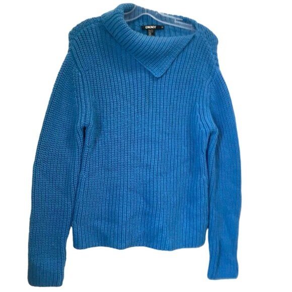 DKNY Chucky Wool Ribbed Knit Sweater Side Mock Neck Soft Cozy Oversized Blue M - Picture 1 of 15
